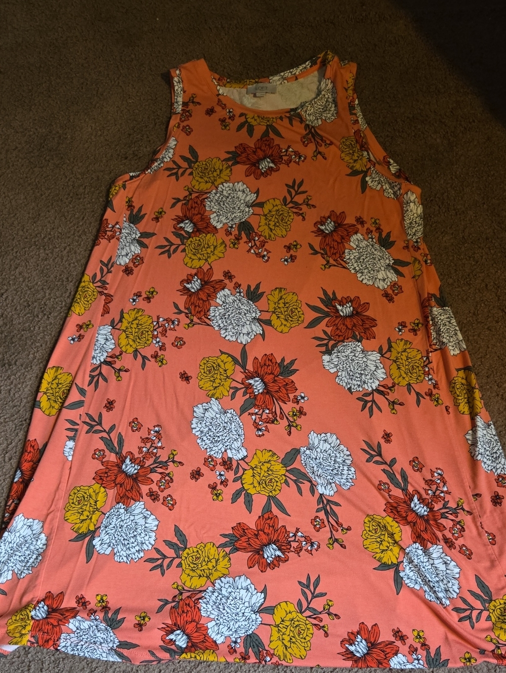 LOFT outlet Neon Coral Floral Sleeveless Swing A-line Midi Dress - Picture 1 of 4